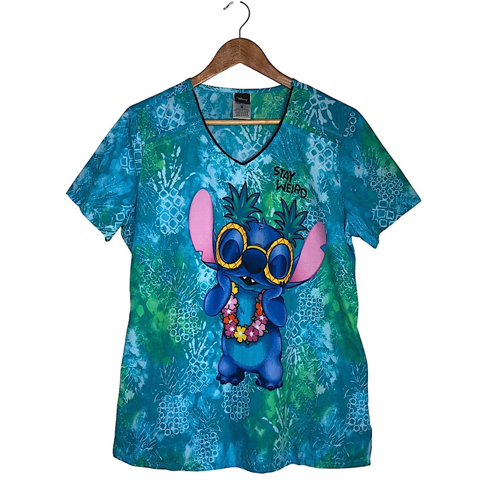Disney Stitch Stay Weird Cotton Blue Green 2 Zipper Pockets V-Neck Scrub Top M